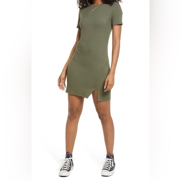 BP Olive Green Ribbed Shirt Sleeve Casual Dress - Picture 2 of 6